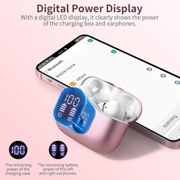 Wireless Earbuds Bluetooth 5.3 Headphones Bass Stereo Ear Buds with Noise Cancelling Mic LED Display in Ear Earphones IP7 Waterproof 36H Playtime for Laptop Pad Phones Sports Workout Rose Gold - Image 4