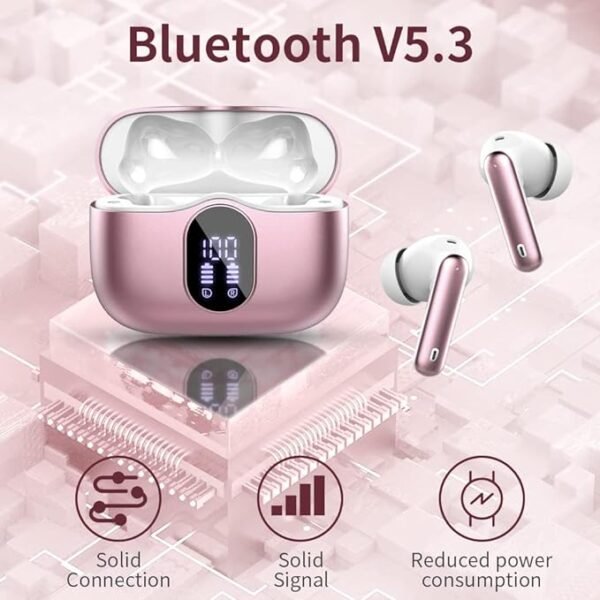 Wireless Earbuds Bluetooth 5.3 Headphones Bass Stereo Ear Buds with Noise Cancelling Mic LED Display in Ear Earphones IP7 Waterproof 36H Playtime for Laptop Pad Phones Sports Workout Rose Gold - Image 3