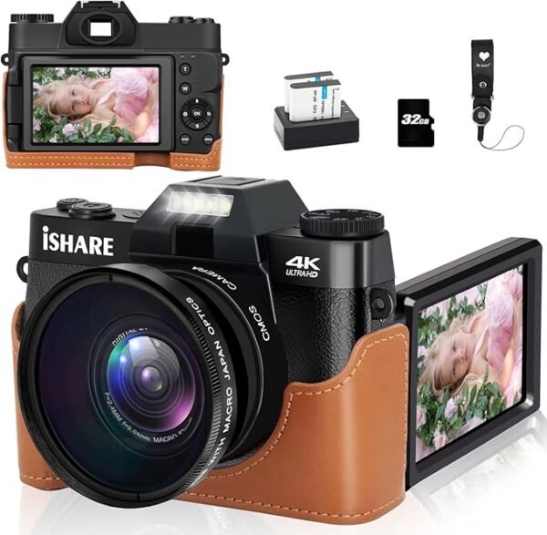 Digital Camera 4K 48MP with WiFi 2 Batteries 32G TF Card,16X Vlogging Camera for Photography,Cameras Built in 9 Shooting Mode Auto Focus & Anti Shake