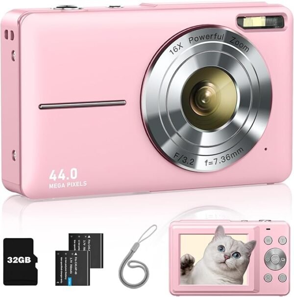 Digital Camera, FHD 1080P Camera with 32GB Card, 2 Batteries, 16X Zoom Anti Shake, Kids Camera Compact Portable Small Gift Point and Shoot Camera for Kid Student Children Teen Girl Boy(Pink)