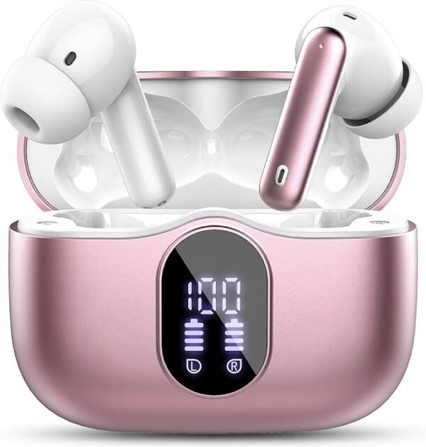 Wireless Earbuds Bluetooth 5.3 Headphones Bass Stereo Ear Buds with Noise Cancelling Mic LED Display in Ear Earphones IP7 Waterproof 36H Playtime for Laptop Pad Phones Sports Workout Rose Gold