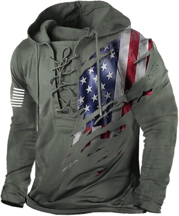 PORCLAY Men's American Flag Hoodie Outdoor Military Tactical Hooded Sweatshirt Graphic Printed Laceup Pullover Shirt