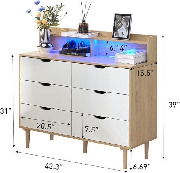 Bonzy Home 6 Drawer Dresser with Charging Station, Wooden Chest of Drawers with LED Light for Closet Hallway, Living Room, Entryway, White & Oak - Image 6