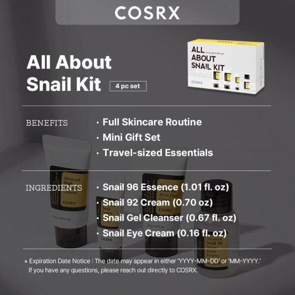 COSRX All About Snail Mucin Korean Skin Care Set, Mini Travel Essentials, Travel Size Gift Set with Snail Mucin Face Wash, Serum, Moisturizer & Eye Cream, Rejuvenating Kit - Image 4