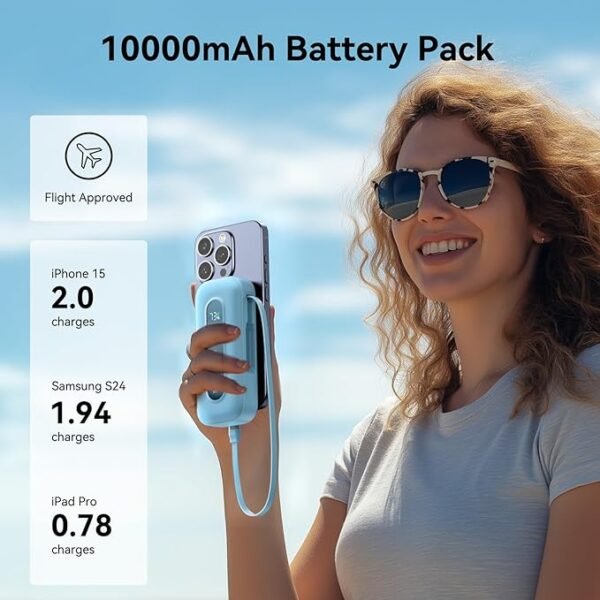 Portable Charger Power Bank 30W, Portable Phone Charger Fast Charging Battery Pack with Built in Retractable Cable, 10000mAh Travel Chargers for MacBook, iPad, iPhone 16/15/14 Pro Max, Samsung Galaxy - Image 2