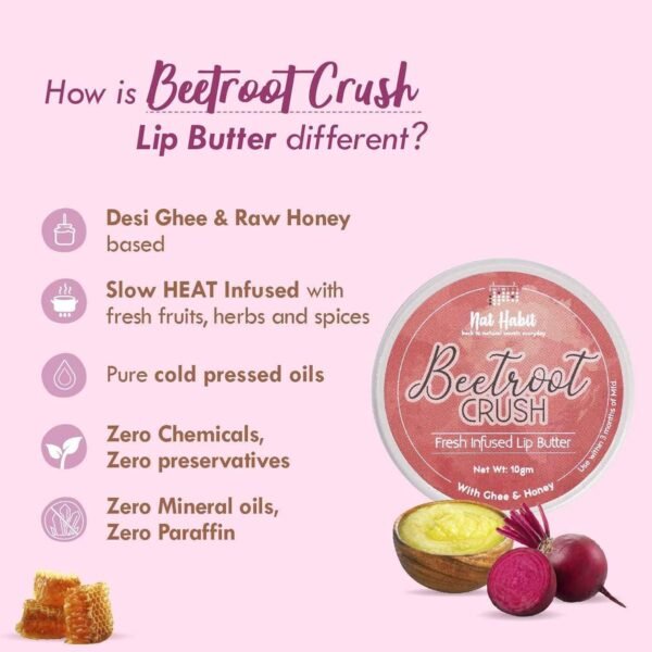 Nat Habit Lip Balm Fresh Beetroot Crush 10gm Lip Butter With Desi Ghee & Raw Honey For Natural Pink Lips, Nourishment, Dark And Chapped Lips - (Pack of 1) - Image 2