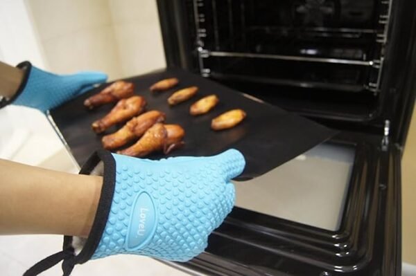 Kitchen Oven Gloves - Dual-Layer Heat Resistant Grilling Gloves, Silicone Oven Mitts with 5 Fingers, Waterproof Non-Slip Pot Holder for Barbecue, Cooking, Baking (Blue) - Image 5