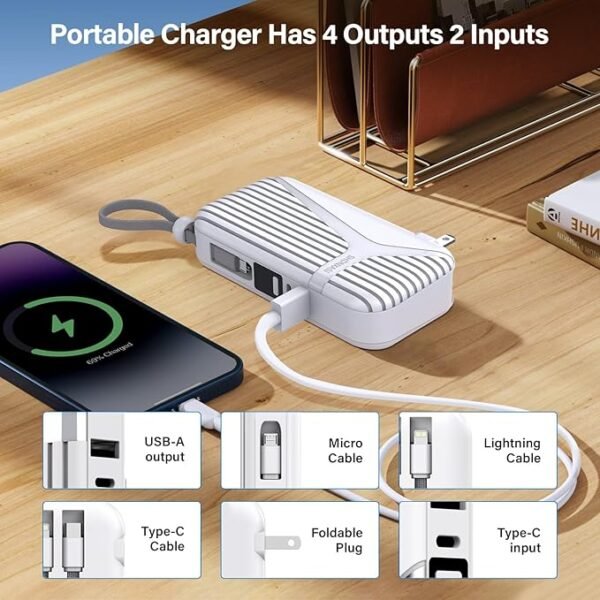 Power Bank for iphone, Portable Charger 10000mAh with Built-in Cables and Foldable AC Wall Plug, LED Display and 4 Outputs 2 Inputs,Battery Pack Portable Charger for iPhone 15 1 6 Samsung Galaxy iPad - Image 3