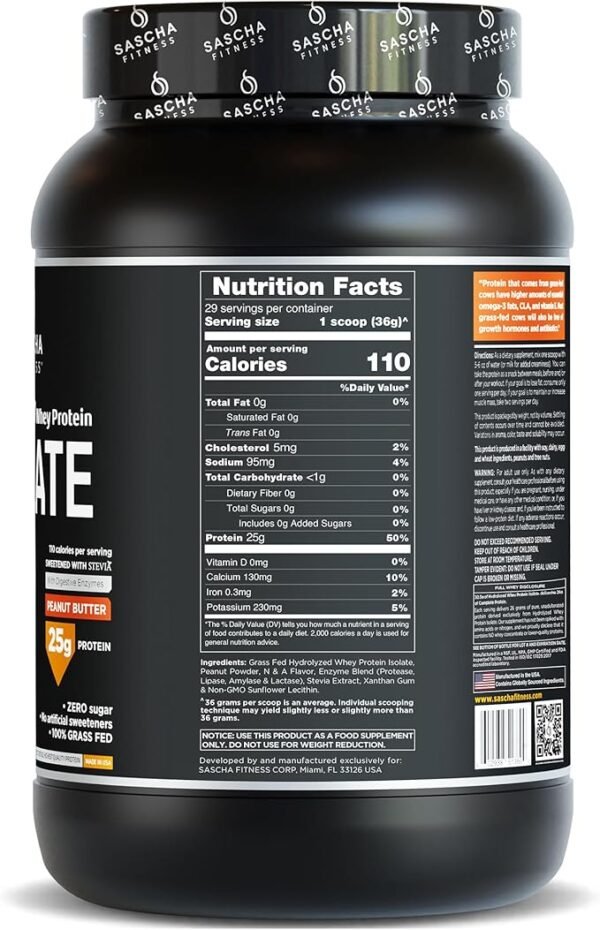 SASCHA FITNESS Hydrolyzed Whey Protein Isolate,100% Grass-Fed (2.3 Pounds, Peanut Butter) - Image 4