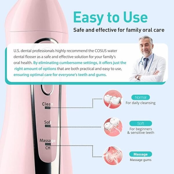 Water Dental Flosser Teeth Pick: Portable Cordless Oral Irrigator 300ML Rechargeable Travel Irrigation Cleaner IPX7 Waterproof Electric Flossing Machine for Teeth Cleaning C20(F5020E) Pink - Image 4