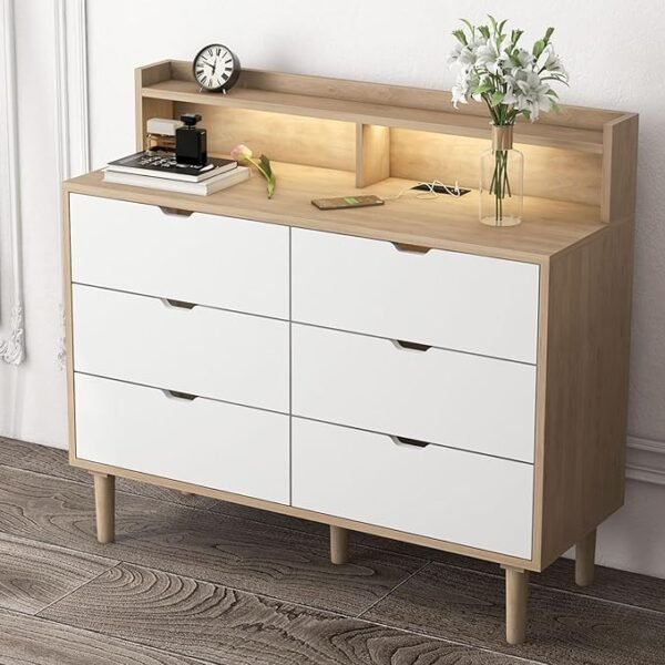 Bonzy Home 6 Drawer Dresser with Charging Station, Wooden Chest of Drawers with LED Light for Closet Hallway, Living Room, Entryway, White & Oak