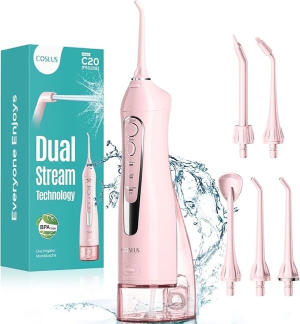 Water Dental Flosser Teeth Pick: Portable Cordless Oral Irrigator 300ML Rechargeable Travel Irrigation Cleaner IPX7 Waterproof Electric Flossing Machine for Teeth Cleaning C20(F5020E) Pink