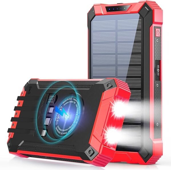 GOODaaa Power Bank Wireless Charger 36000mAh Built in 4 Cables Six Outputs 15W Fast Charging Power Bank for All Mobile Devices Three Inputs Solar Portable Charger with Dual Flashlights, Carabiner