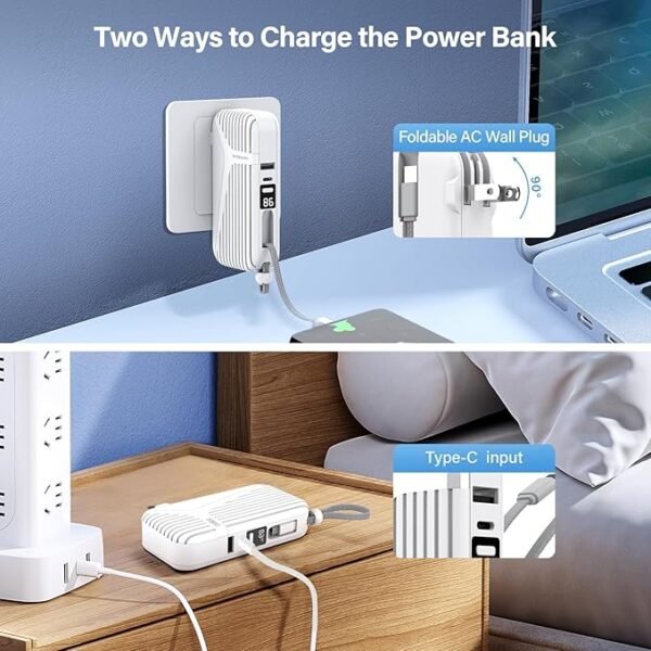 Power Bank for iphone, Portable Charger 10000mAh with Built-in Cables and Foldable AC Wall Plug, LED Display and 4 Outputs 2 Inputs,Battery Pack Portable Charger for iPhone 15 1 6 Samsung Galaxy iPad - Image 2