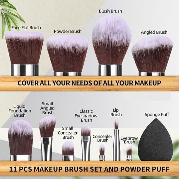 BS-MALL Makeup Brush Set 11Pcs Bamboo Synthetic Kabuki Brush Set Foundation Powder Blending Concealer Eye shadows Blush Cosmetics Brushes with Organizer Bag & Makeup Sponge - Image 5