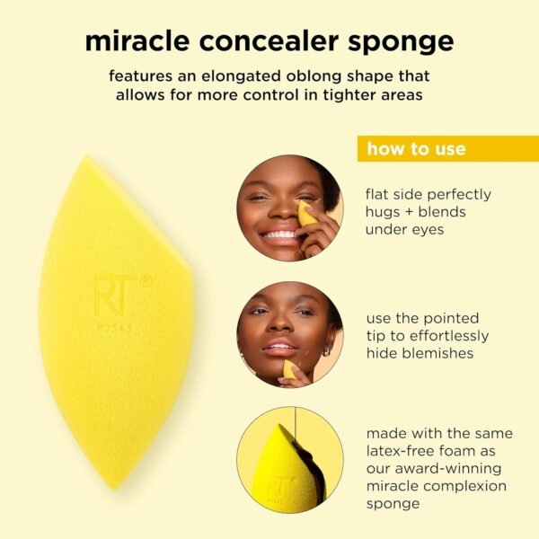 Real Techniques Miracle Concealer Sponge, Makeup Blending Sponge For Concealer, Elongated Shape & Precise Application, Yellow Sponge, Latex-Free Foam, 2 Count - Image 3