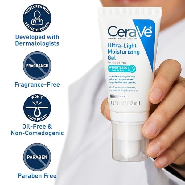 CeraVe Ultra-Light Moisturizing Gel | Hydrating Gel Face Moisturizer with Ceramides, Niacinamide, Hyaluronic Acid | Fragrance Free | Oil-Free | Weightless Mattifying Moisturizer | 1.75 FL Oz - Image 5