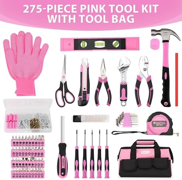 KingTool 275-Piece Pink Tool Set - Pink Tool Kit with 12" Wide Mouth Open Pink Tool Storage Bag, Womens Tool Kit for House, Perfect for DIY Projects & Home Repairs - Image 3