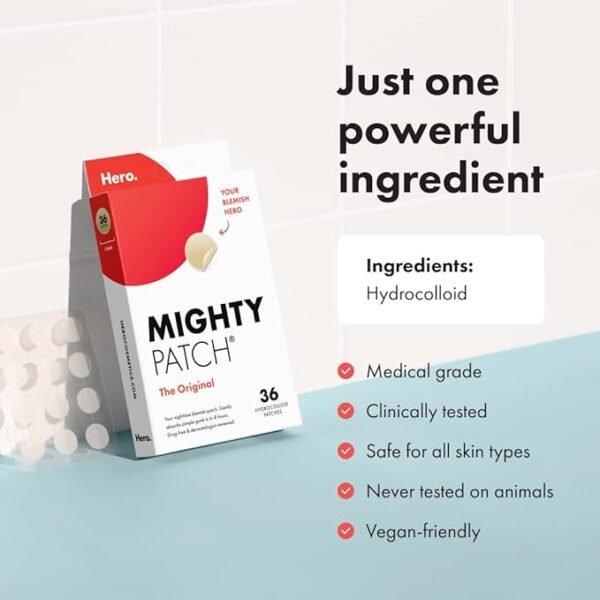 Mighty Patch™ Original patch from Hero Cosmetics - Hydrocolloid Acne Pimple Patch for Covering Zits and Blemishes in Face and Skin, Vegan-friendly and Not Tested on Animals (36 Count) - Image 6