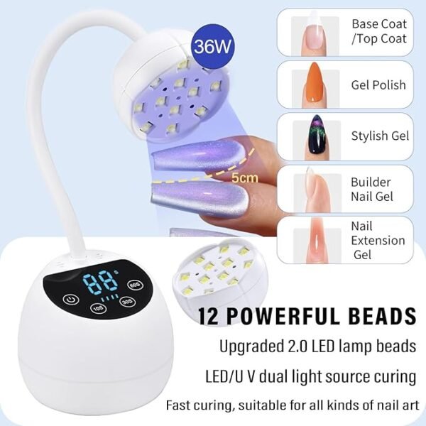 U V LED Nail Lamp, 36W Mini Cordless Gel x Nail Lamp Flash Cure, Auto Sensor Gooseneck Portable USB Gel Nail Dryer U V Light with 3 Timers and LCD Display for Home DIY - Image 5