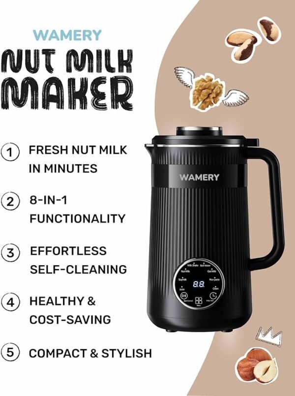 Wamery Original Nut Milk Maker Machine - 32oz Almond, Oat, Soy Milk Maker - Plant Based & Vegan Milk Maker with Delay Start, Keep Warm & Boil Water Functions - Image 4