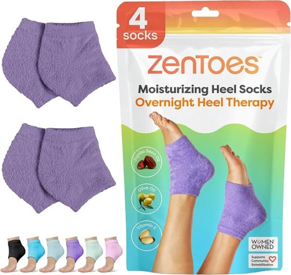 ZenToes Moisturizing Sleep Socks with Vitamin E, Olive Oil and Jojoba Seed Oil to Soften and Hydrate Dry Cracked Heels (Fuzzy Lilac Purple, Regular)