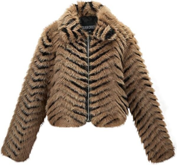 GRAN ORIENTE Women Faux Fur Leopard Print Cropped Jacket,Fleece Fluffy Leather Lined Zip Up Coat