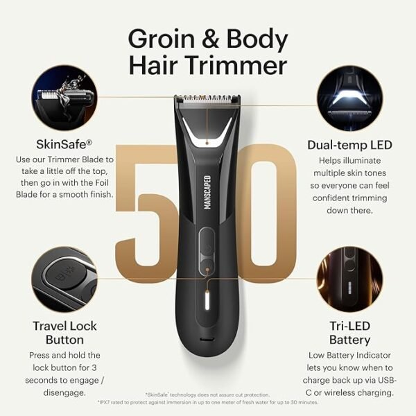 MANSCAPED® The Lawn Mower® 5.0 Ultra Groin & Body Hair Trimmer – Dual-Head SkinSafe® Trimmer & Foil Blades, Waterproof Wet/Dry Groomer, USB-C Rechargeable with Travel Case, Men’s Ball Shaver, Black - Image 3