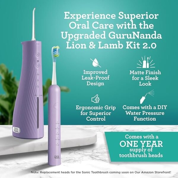 GuruNanda Lion & Lamb Kit 2.0, Electric Toothbrush with Water Flosser Combo, 4 Jet Tips, 4 Brush Heads, & IPX7 Waterproof Design for Complete Oral Care, Lavender - Image 4