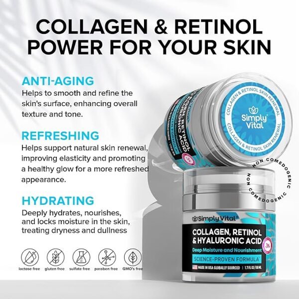 SimplyVital Collagen, Retinol & Hyaluronic Acid Cream - Anti-Aging Face Moisturizer for Face, Neck & Décolleté - Made in USA, Daily Moisturizer Face Cream - 1.7 fl.oz. - Image 4