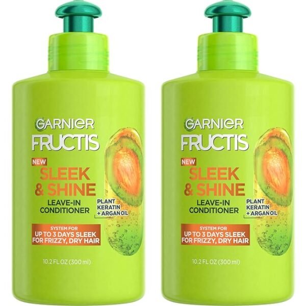 Garnier Fructis Sleek & Shine Leave-In Conditioning Cream for Frizzy, Dry Hair, Plant Keratin + Argan Oil, 10.2 Fl Oz, 2 Count (Packaging May Vary)