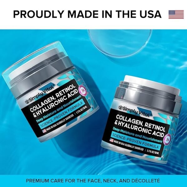 SimplyVital Collagen, Retinol & Hyaluronic Acid Cream - Anti-Aging Face Moisturizer for Face, Neck & Décolleté - Made in USA, Daily Moisturizer Face Cream - 1.7 fl.oz. - Image 3