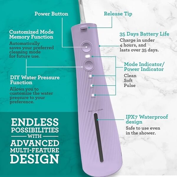 GuruNanda Lion & Lamb Kit 2.0, Electric Toothbrush with Water Flosser Combo, 4 Jet Tips, 4 Brush Heads, & IPX7 Waterproof Design for Complete Oral Care, Lavender - Image 3