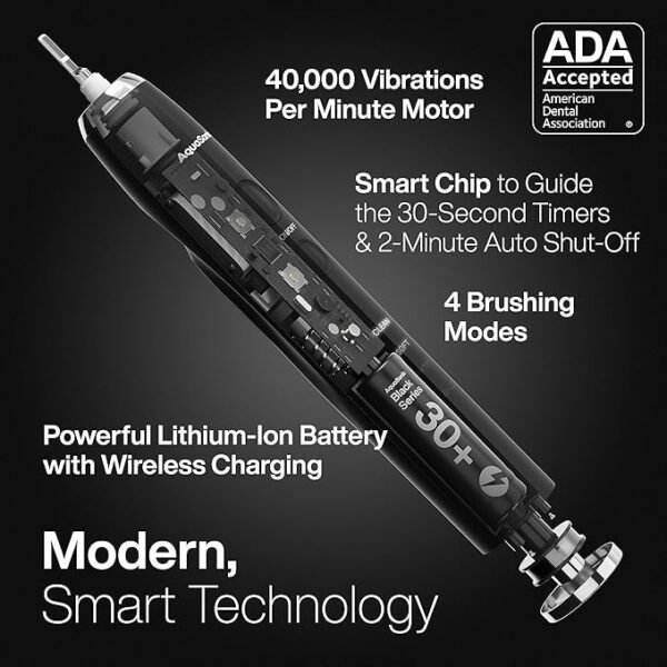 Aquasonic Black Series Ultra Whitening Toothbrush – ADA Accepted Electric Toothbrush- 8 Brush Heads & Travel Case – 40,000 VPM Electric Motor & Wireless Charging - 4 Modes w Smart Timer - Image 6