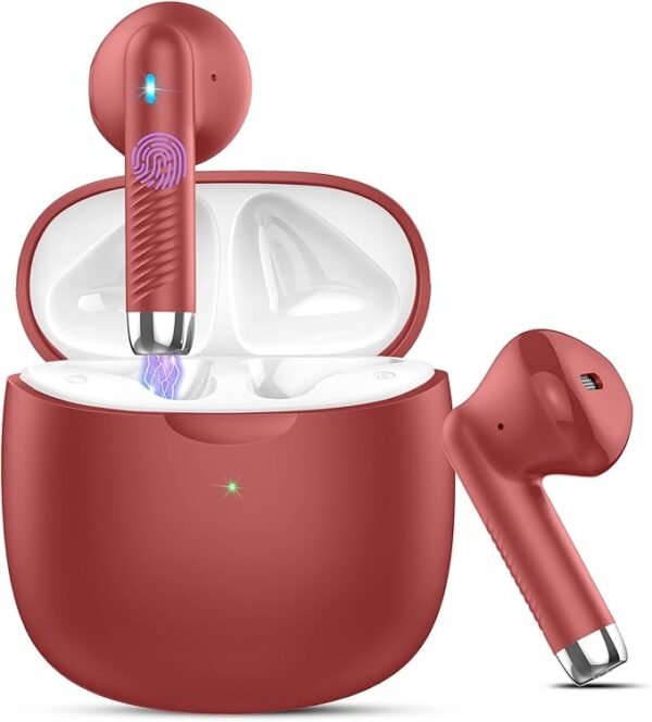 Wireless Earbuds, Bluetooth 5.3 Headphones in Ear with Noise Cancelling Mic, Bluetooth Earbuds Stereo Bass, IP7 Waterproof Sports Earphones, 32H Playtime USB C Charging Ear Buds Red for Android iOS