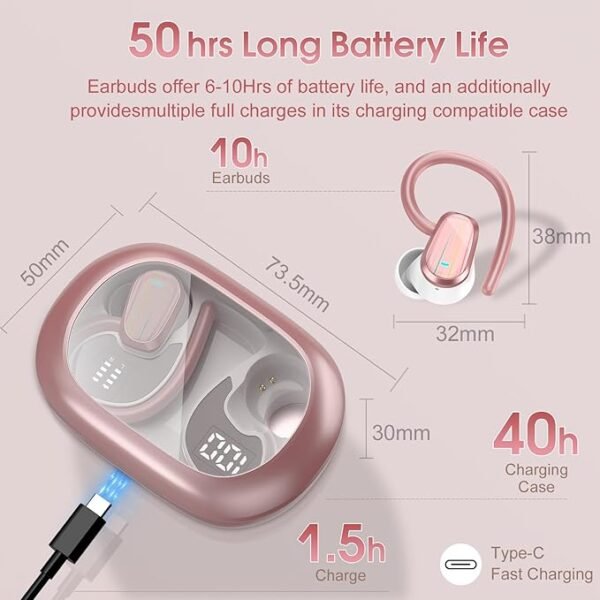 OYIB Wireless Earbuds Bluetooth 5.4 Headphones Sport, 50H Bluetooth Earbuds with Earhooks, Over Ear Bud Deep Bass with ENC Mic, IP7 Waterproof Wireless Earphone for Workout/Running, Rose Gold - Image 2