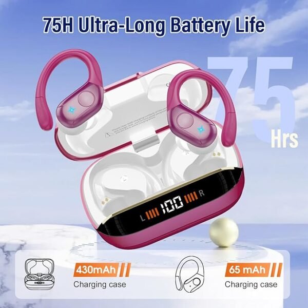 Wireless Earbuds Bluetooth 5.4 Headphones 75H Playtime Stereo Deep Bass Sports Ear Buds with Earhooks, LED Display Bluetooth Earbuds with 4 ENC Mic, IP7 Waterproof Earphone, Rose Gold - Image 5
