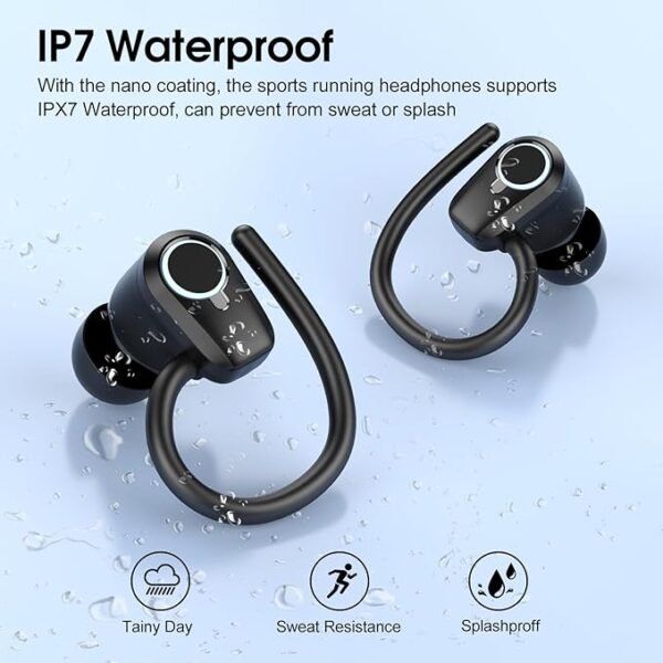 Wireless Earbuds, Bluetooth 5.3 Headphones Sport, Ear buds Wireless Earbuds Bluetooth, 50H Playtime Dual LED Display, Deep Bass Stereo Noise Cancelling Headphones, IP7 Waterproof Earphones, Jet Black - Image 4