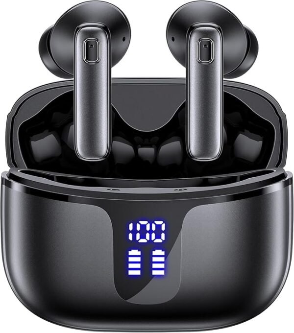 Wireless Earbuds Bluetooth 5.3 Headphones HiFi Stereo Deep Bass Ear Buds 68H Long Playtime Earphones with LED Display Charging Case IPX7 Waterproof for Phones Tablets Laptops Sports Black