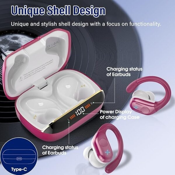 Wireless Earbuds Bluetooth 5.4 Headphones 75H Playtime Stereo Deep Bass Sports Ear Buds with Earhooks, LED Display Bluetooth Earbuds with 4 ENC Mic, IP7 Waterproof Earphone, Rose Gold - Image 4
