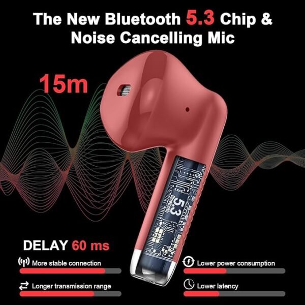 Wireless Earbuds, Bluetooth 5.3 Headphones in Ear with Noise Cancelling Mic, Bluetooth Earbuds Stereo Bass, IP7 Waterproof Sports Earphones, 32H Playtime USB C Charging Ear Buds Red for Android iOS - Image 3