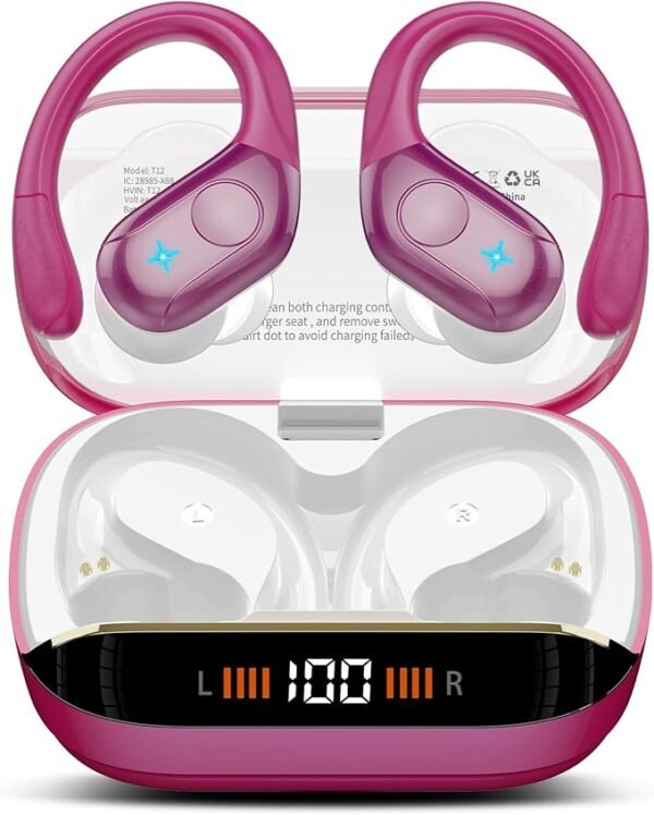 Wireless Earbuds Bluetooth 5.4 Headphones 75H Playtime Stereo Deep Bass Sports Ear Buds with Earhooks, LED Display Bluetooth Earbuds with 4 ENC Mic, IP7 Waterproof Earphone, Rose Gold