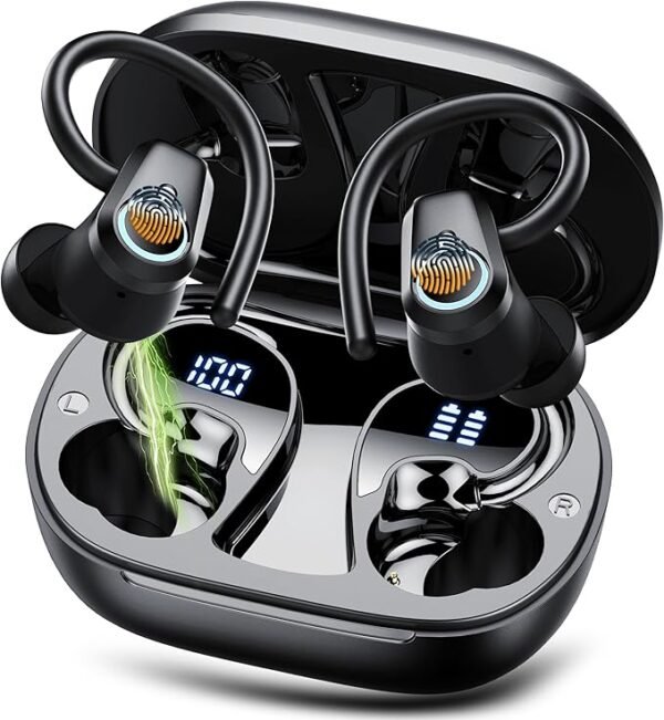Wireless Earbuds, Bluetooth 5.3 Headphones Sport, Ear buds Wireless Earbuds Bluetooth, 50H Playtime Dual LED Display, Deep Bass Stereo Noise Cancelling Headphones, IP7 Waterproof Earphones, Jet Black
